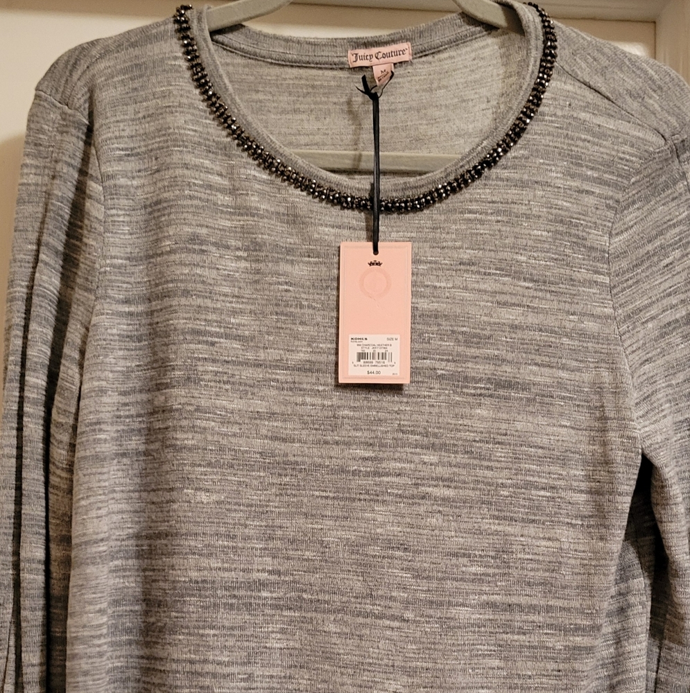 Womens Juicy Couture L/s Heather Gray Embellished Slit Sleeve Knit Top Sz M